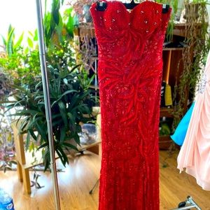 Red sequin strapless prom dress